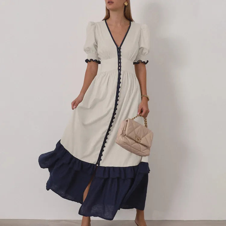 Linen Contrast Color Cardigan Dress