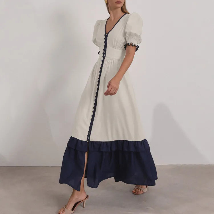 Linen Contrast Color Cardigan Dress